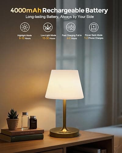Outdoor Battery Operated Table Lamp, IP54 Waterproof Shower Lamp, 4000mAh Rechargeable Cordless Lamp, 3 Color Temperatures Dimmable, Small Touch Table Lamp for Bedroom, Patio, Camping, Restaurant thumbnail 2