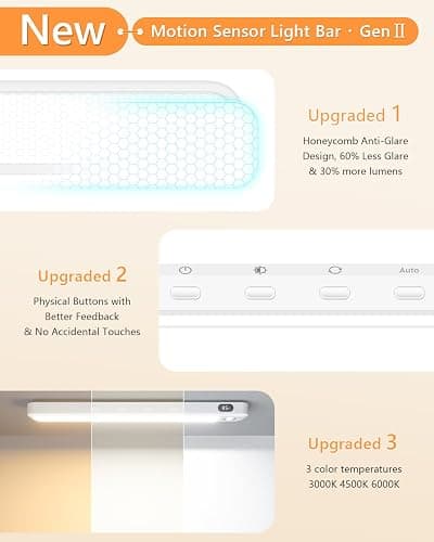 WILLED Under Cabinet & Closet Lights, Motion Sensor, Rechargeable, Magnetic, 3 Color Temps, Dimmable LED Light Bar for Indoor Kitchen Counter (2 Pack, White) thumbnail 2