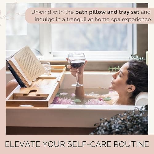 Bath Pillow and Bathtub Tray Set for Tub | Luxurious, Relaxing Home Spa Accessories with Bath Tub Pillows for Head and Neck, Foldable Bath Tray Caddy Organizer | Relaxation Gifts for Women Self Care thumbnail 8