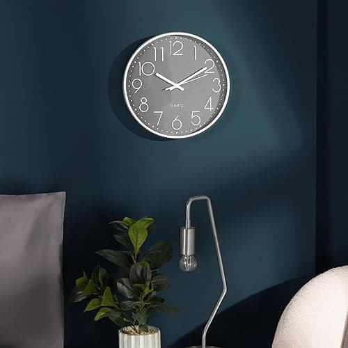 OHS Silent Wall Clock Non Ticking Wall Clock for Bedroom Large Wall Clock Kitchen Living Room Office, Round Modern Decorative Home Décor Readable Numbers Quartz, Grey - Charcoal Grey - H: 29cm, W: 29cm, D: 4.5cm thumbnail 2