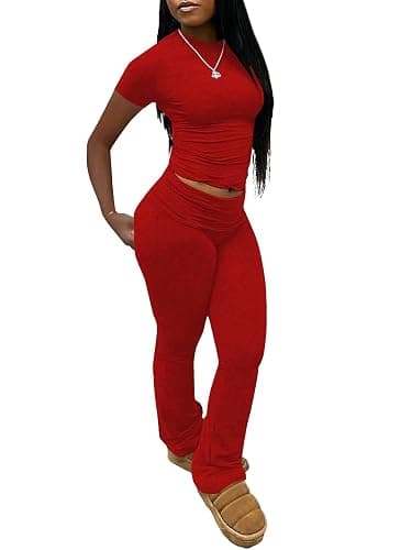 Women's 2 Piece Lounge Sets Crop High Wasit Foldover Flare Leggings Pants Casual Workout Outfits Tracksuit - Image 1