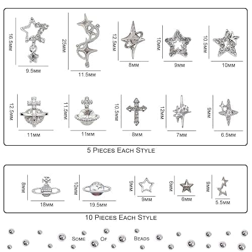 120+ Pcs Star Nail Charms Inlaid Rhinestones Gems, Silver Star Planet Cross Nail Art Decorations Shiny Jewelry for Acrylic Nail Accessories for Women Girl Manicure DlY Crafts Supplies thumbnail 2
