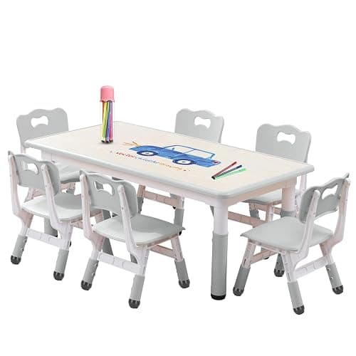 Kids Table and Chairs Set, Height Adjustable Desk With 6 Seats for Ages 2-12,Arts & Crafts Table,Graffiti Desktop, Non-Slip Legs, Max 300lbs, Children Multi-Activity Table for Classrooms,Daycares,Home - Image 1