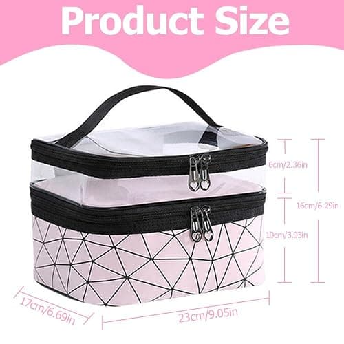 Double Layer Makeup Bag, Large Capacity Travel Cosmetic Bag, Waterproof Double Layer Makeup Bags, Portable Toiletry with Compartment Pink 23 x 17 x 16 cm thumbnail 3