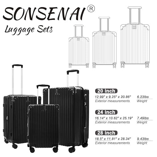 SONSENAI 3-Piece Expandable Luggage Set Suitcase in Classic Black -Double Wheel Stability & Secure TSA Locks(20in24in28in) thumbnail 6