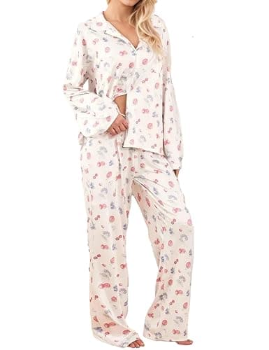 TIKITIDES Womens 2 Piece Fruit Floral Pajamas Button Down Pajama Sets Cute Long Sleeve Wide Leg Soft Pjs Loungewear - Image 1