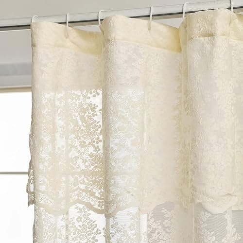 YJ YANJUN Ivory Lace Shower Curtain - Shabby Chic Flower Shower Curtain with Attached Valance, Luxury Lace for Bathroom, Farmhouse Bath Curtains, 72 x 72 Inch, Light Beige thumbnail 3