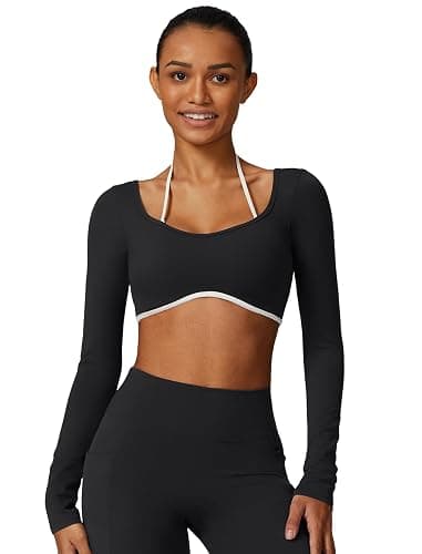 ABOCIW Long Sleeve Workout Tops for Women with Built in Bra Halter Open Back Croped Gym Top Yoga Athletic Shirts - Image 1