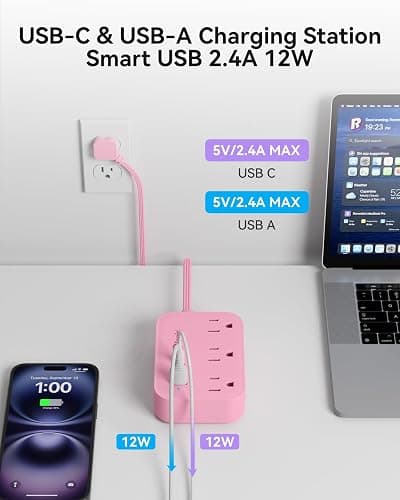 Pink Power Strip - 5Ft Extension Cord with 3 USB(1 USB C) Charging Station and 3 Outlets, Pink Desk Accessories for Cruise Travel Cute Kawaii College Dorm Desk Home Essentials thumbnail 4