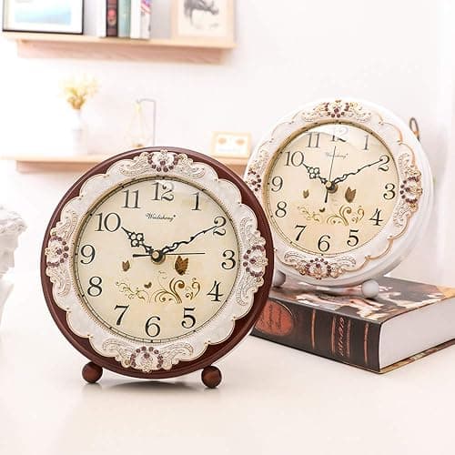 Justup Vintage Table Clock, Retro Non-Ticking European Style Beside Desk Clock Battery Operated Silent Quartz Movement for Bedroom Living Room Indoor Decor (Brown) thumbnail 6