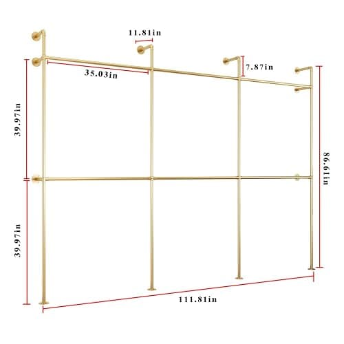 Industrial Pipe Clothing Rack, Heavy Duty Metal Clothes Rack with Double Rods for Hanging Clothes, Wall Mount Space-Saving Garment Display Rack (Three, Gold) thumbnail 2
