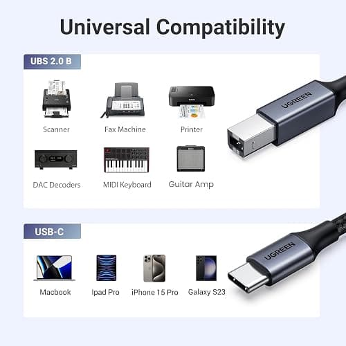 UGREEN USB B to USB C Printer Cable, Type B 2.0 Braided Data Lead for MacBook Pro/Air, HP/Epson/Canon Printer, Scanner, MIDI Cable Compatible with MIDI Controller/MIdI Keyboard/Musical Instrument (1M) thumbnail 4