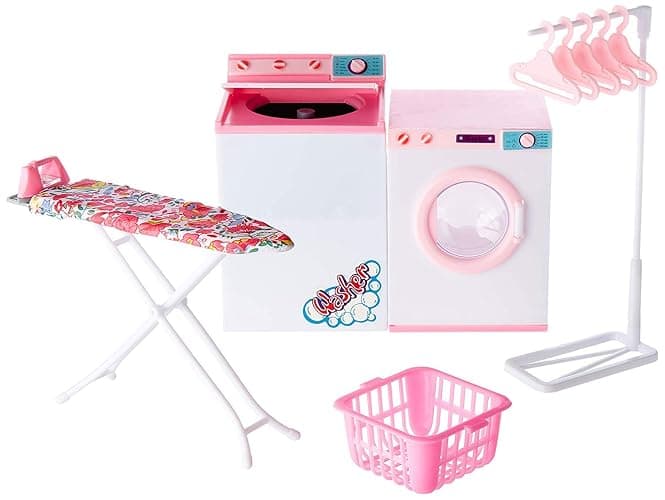 YMCtoys My Fancy Life Dollhouse Laundry Room Set, Pink and White Playset with Washer, Dryer, Ironing Board, Laundry Basket, Kids Pretend Play Furniture - Image 1