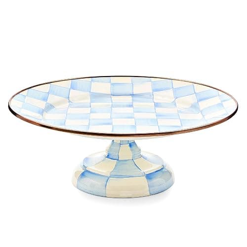 MACKENZIE-CHILDS Enamel Pedestal Platter, Round Cake Stand, Small, 12 Inches, Light-Blue-and-White Sky Check - Image 1