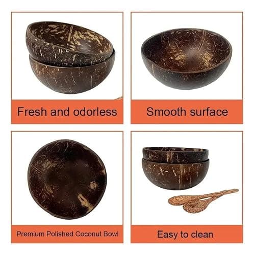 Natural Coconut Serving Bowls Set with Wooden Spoons, 13-15 cm, 4 Bowls and 4 Spoons, Perfect for Smoothies and Buddha Bowls. Hand-Crafted, Vegan-Friendly, Eco-Friendly thumbnail 6