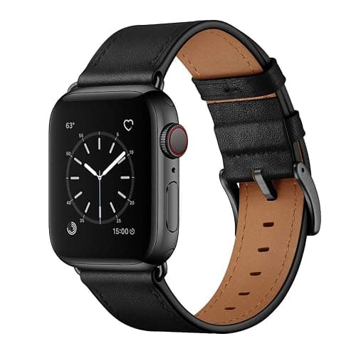 OUHENG Leather Bands Compatible with Apple Watch Band 49mm/46mm/45mm/44mm/42mm, Genuine Leather Strap Compatible with iWatch Ultra 3/2/1 & Series 11/10/9/8/7/6/5/4/3/2/1 & SE3 SE2 SE, Black/Black - Image 1