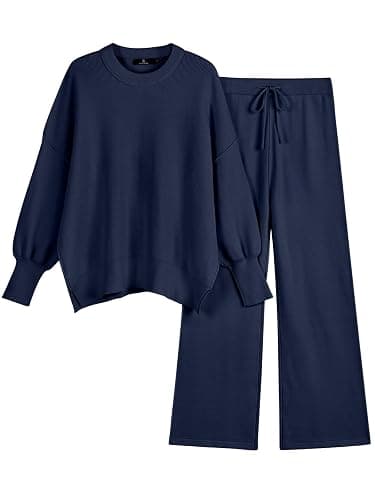 LILLUSORY Women 2 Piece Outfits Sweatsuit Oversized Knit Pullover Sweater Tops Wide Leg Pants Lounge Set - Image 1
