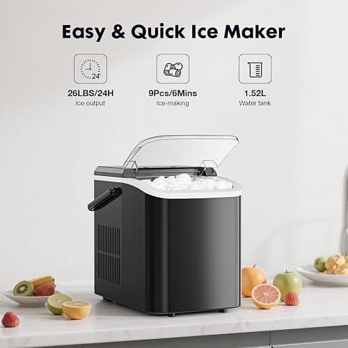 Sweetcrispy Countertop Ice Maker with Scoop, Basket and Handle, Portable Ice Machine 9 Cubes Ready in 6 Mins, 26.5lbs in 24Hrs, 2 Sizes for Home Kitchen Office Bar Party, Coal Black thumbnail 5