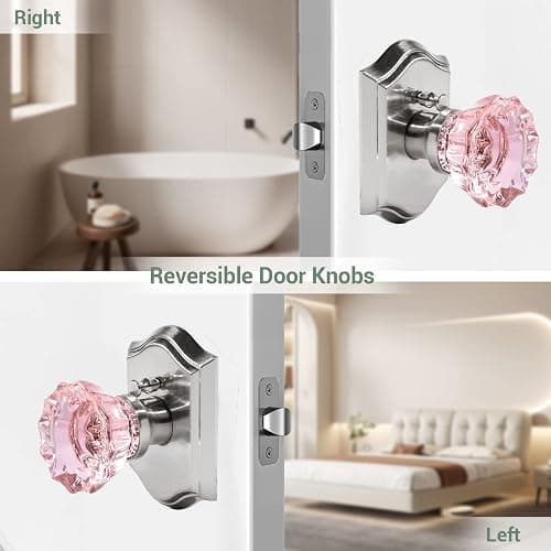 Floresita Crystal Door Knobs, Stain Nickel Pink Glass Door Knobs Interior Rose Shape with Lock Privacy Function, Vintage Antique for Bedroom Bathroom thumbnail 3
