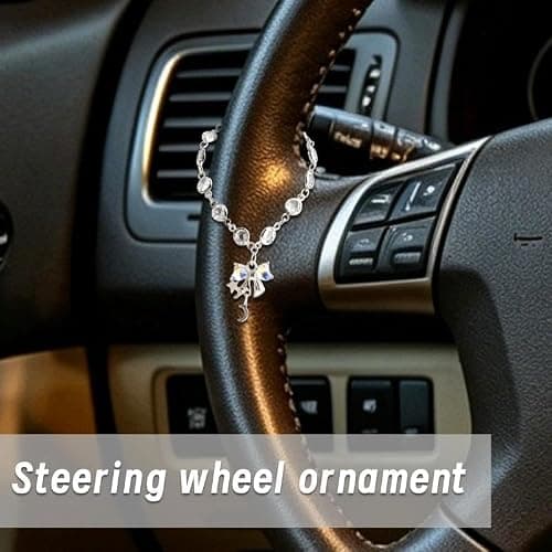 Steering Wheel Bow Charm Crystal Heart Hanging Chain Car Interior Decor | Bow Hanging Ornament Silver Star Moon Bowknot Charm for Rear View Mirror Car Steering Wheel Hanging Accessories for Women thumbnail 6
