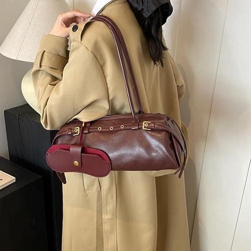 ALINUOYQ Boston Shoulder Bags for Women PU Leather Tote Bag Casual Bowling Bag Purse Retro Underarm Bag thumbnail 8