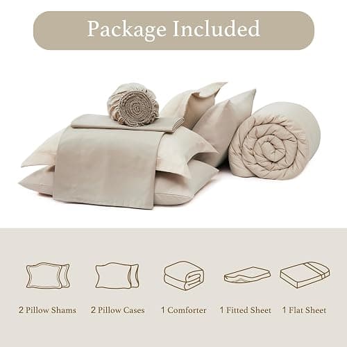 Queen Comforter Set-7 Pieces Beige Soft Bed in a Bag Queen Bedding Sets | Monbix All-Season Vertical Quilted Comforter with Sheets, Pillow Shams & Pillowcases thumbnail 7