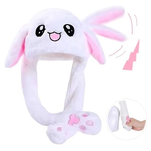 GWAWG Funny Plush Bunny Hat Ear Moving Jumping Rabbit Cute Animal Flap Cap Stitch Hat for Women Girls Children Party Holiday Halloween Easter Christmas Birthday Dressup Cosplay Costume Gift - White thumbnail 3