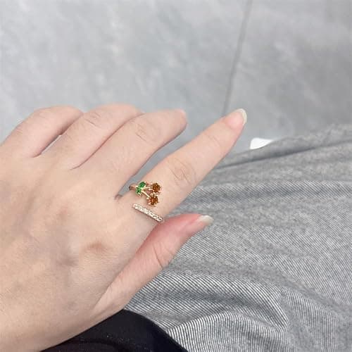CZ Red Cherry Fruit Stacking Statement Ring for Women Gold Plated Adjustable Expandable Crystal Leaf Open Wrap Finger Rings Comfort Fit Dainty Birthday Halloween Christmas Jewelry Gift thumbnail 2