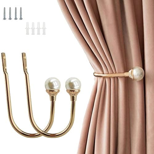 2 Pack Curtain Holdbacks Wall Mounted Curtain Tiebacks Hooks Plastic Pearl U Shape Curtain Tiebacks with Screws Curtain Ties for Home Office-Gold - Image 1