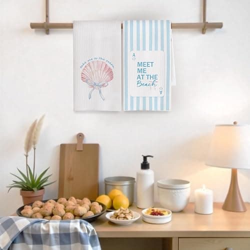 Fyecoluo Pink and Blue Beach Seashell Kitchen Towels Decorative, Preppy Coastal Ocean Striped Dish Hand Tea Towels, Coastal Beach Kitchen Bathroom Decor, 16x24 Inch Set of 2 thumbnail 2