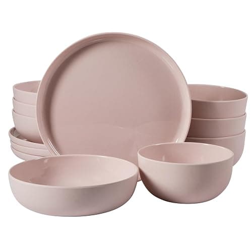 Gibson Home Candy Skies 12 Piece Unbreakable Wheat Straw Melamine Plates and Bowls Dinnerware Set - Outdoor, Camping, & Everyday Use - Matte Exterior/Shiny Interior Pink - Image 1