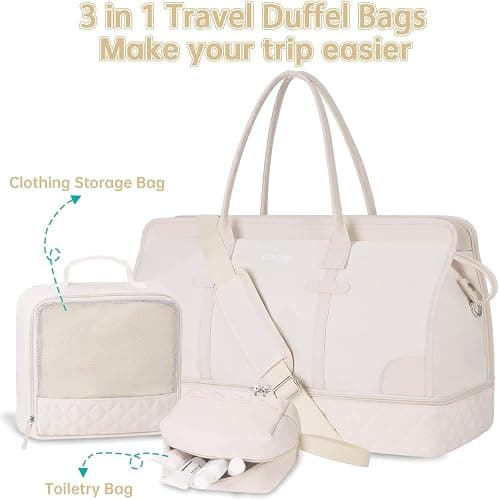 ETRONIK Weekender Overnight Bag for Women, Large Travel Duffle Bag with Shoe Compartment & Wet Pocket, Carry On Gym Duffel Bag with Toiletry Bag for Hospital 3 Pcs Set, Beige thumbnail 7