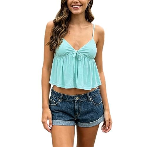 Women's Y2K Babydoll Cami Top Sleeveless V Neck Tie Front Crop Top | Ruffle Hem, Open Back, Spaghetti Straps, Peplum Tank Shirt, Going Out Camisole, Solid Color - Image 1