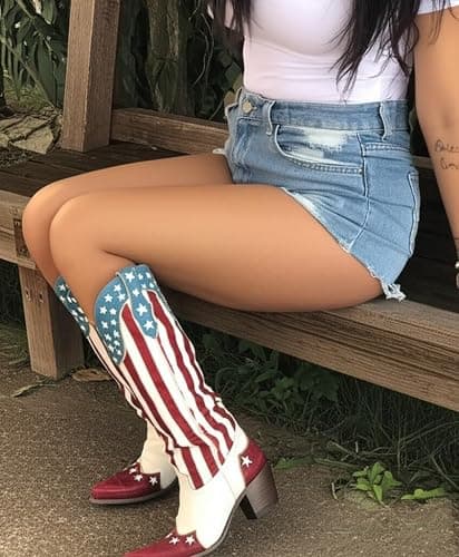 MissHeel Mid Calf Red and White Stripes Cowgirl Boots with Stars thumbnail 2