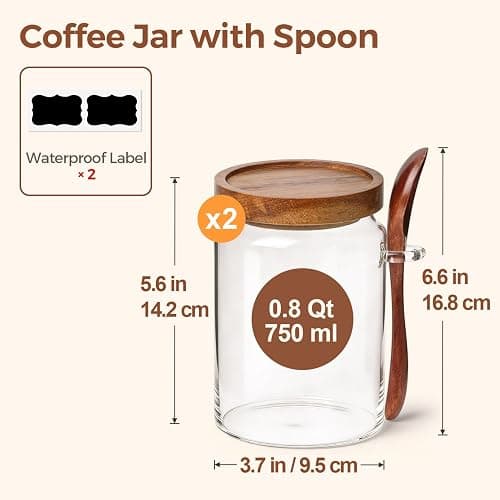 ComSaf Coffee Storage Canister with Acacia Wood Lids & Scoops 0.8Qt 2Pack | Glass Containers for Coffee Lover, Whole Beans Grounds Sugar, Coffee Bar & Office Tabletop, Jars with Labels, Lead-Free thumbnail 3