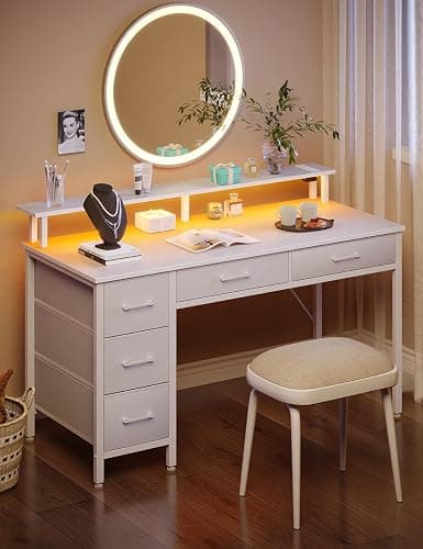 Seventable Computer Desk with Power Outlets & LED Light, 39 inch Home Office Desk with 5 Drawers, Writing Desk with Monitor Stand, Work Desk for Home Office, White thumbnail 2