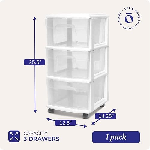 HOMZ Drawer Tower, 3-Tier Clear Plastic Storage Organizer Cart, White Frame - Heavy-Duty Organizing Drawers for Home, Bedroom, and Closet Organization thumbnail 3