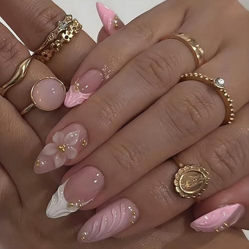 LPOODDNU 3D Pink Press on Nails Almond - Medium French Tip Fake Nails with Embossed Flower&Gold Bead Designs, Glossy Finish Reusable False Nails with Glue Tabs - 24Pcs Nail Kit for Women Manicure thumbnail 2