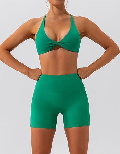 ABOCIW Workout Sets for Women 2 Piece Twist Front Halter Sports Bras High Waist Biker Shorts Exercise Gym Yoga Outfit thumbnail 4