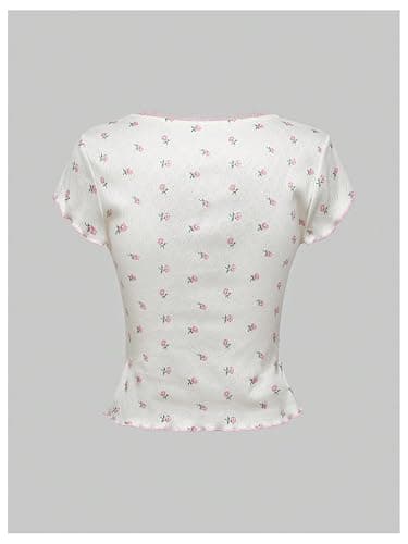 SOLY HUX Women's Summer Short Sleeve Y2k Tees Ditsy Floral Lace Bowknot Tshirts Kawaii Crop Tops thumbnail 2