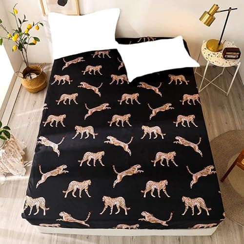 JQWUPUP Animal Leopard Print Double Fitted Sheet, Microfiber Deep Fitted Bed Sheet for Double Bed 135 x 190cm(Double, Black) thumbnail 2