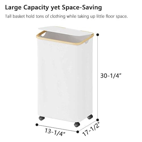 SUOCO Laundry Hamper on Wheels 100L, Clothes Basket with Lid and Bamboo Handles, Foldable Laundry Hamper for Bedroom, Bathroom, Dorm, Laundry Room - White thumbnail 3