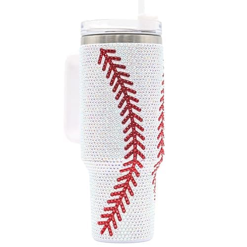 SEM LIFE 40 Oz Rhinestone Bling Tumbler Cup with Handle and Straw (BASEBALL), Stainless Steel and Double Wall Insulated - Image 1