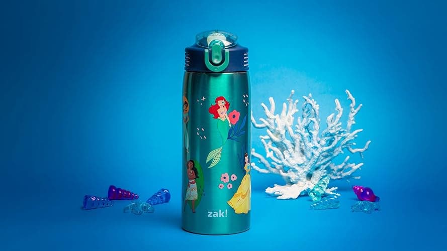 Zak Designs Disney Princess Water Bottle for Travel and At Home, 19 oz Vacuum Insulated Stainless Steel with Locking Spout Cover, Built-In Carrying Loop, Leak-Proof Design (Disney Princess) thumbnail 7