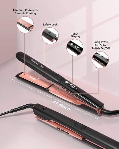 Annlary Hair Straightener 1 Inch Flat Iron and Curler 2 in 1 Titanium Ceramic Ionic Dual Voltage Straightener with Heat-Resistant Silicone, for Less Frizz, Shinier & Smoother thumbnail 6