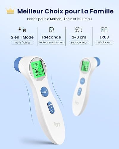 Thermomètre Frontal Bébé et Adulte, Sans Contact, Médical Professionnel | Lecture Précise Instantané, Alarme de Fièvre, Simple à Utiliser, Thermomètre Infrarouge, Mode Muet thumbnail 2