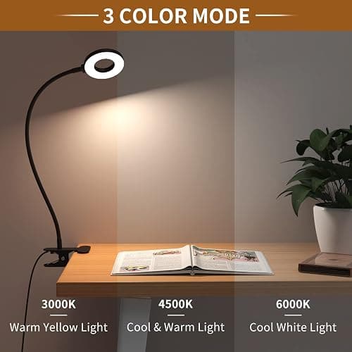 iZELL Desk Lamp, LED Reading Light with Clamp, 3 Color Modes & 10 Brightness Silicone Flexible Arm Book Light for Kids Reading Book in Bed at Night Clip on Table, Zoom Meetings - 15.8'' Black thumbnail 2