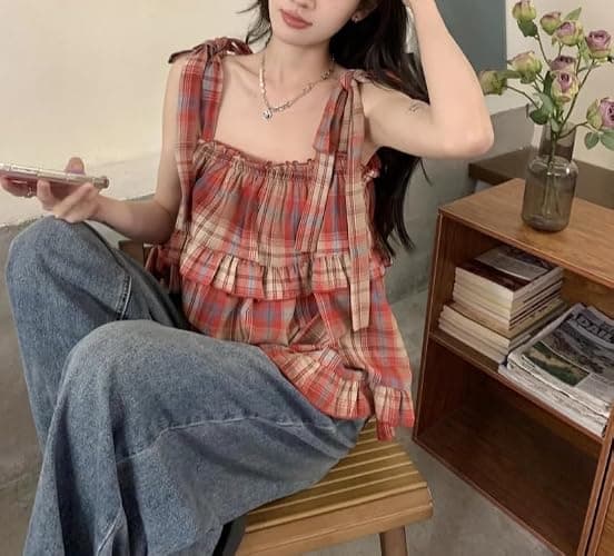 Women's Camisole Tank Tops Red Plaid Camisoles Women Vintage Ruffles Cute Girlish Cropped Tops Holiday Streetwear (Red,One Size,Large) thumbnail 4