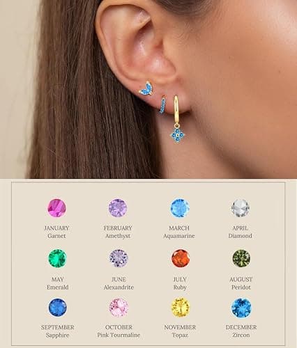 MOZAKA 3 Pairs Dainty Gold/Silver Three Hole Birthstone Earrings Set for Multiple Piercing Non Tarnish 14k Gold Plated Hypoallergenic Cartilage Small Hoop Stud Earrings Stacks Set for Women Birthday Gifts thumbnail 5