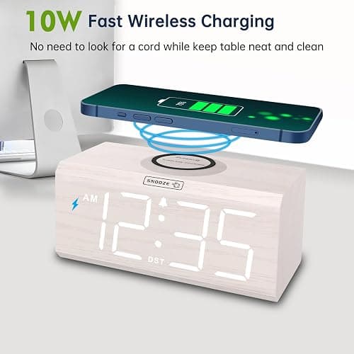 DreamSky Wooden Digital Alarm Clock with Wireless Charging for Bedroom, Bedside Nightstand Clock with Charger Station, USB Port, Large Numbers, Adjustable Volume, Brightness Dimmer, DST - White thumbnail 3